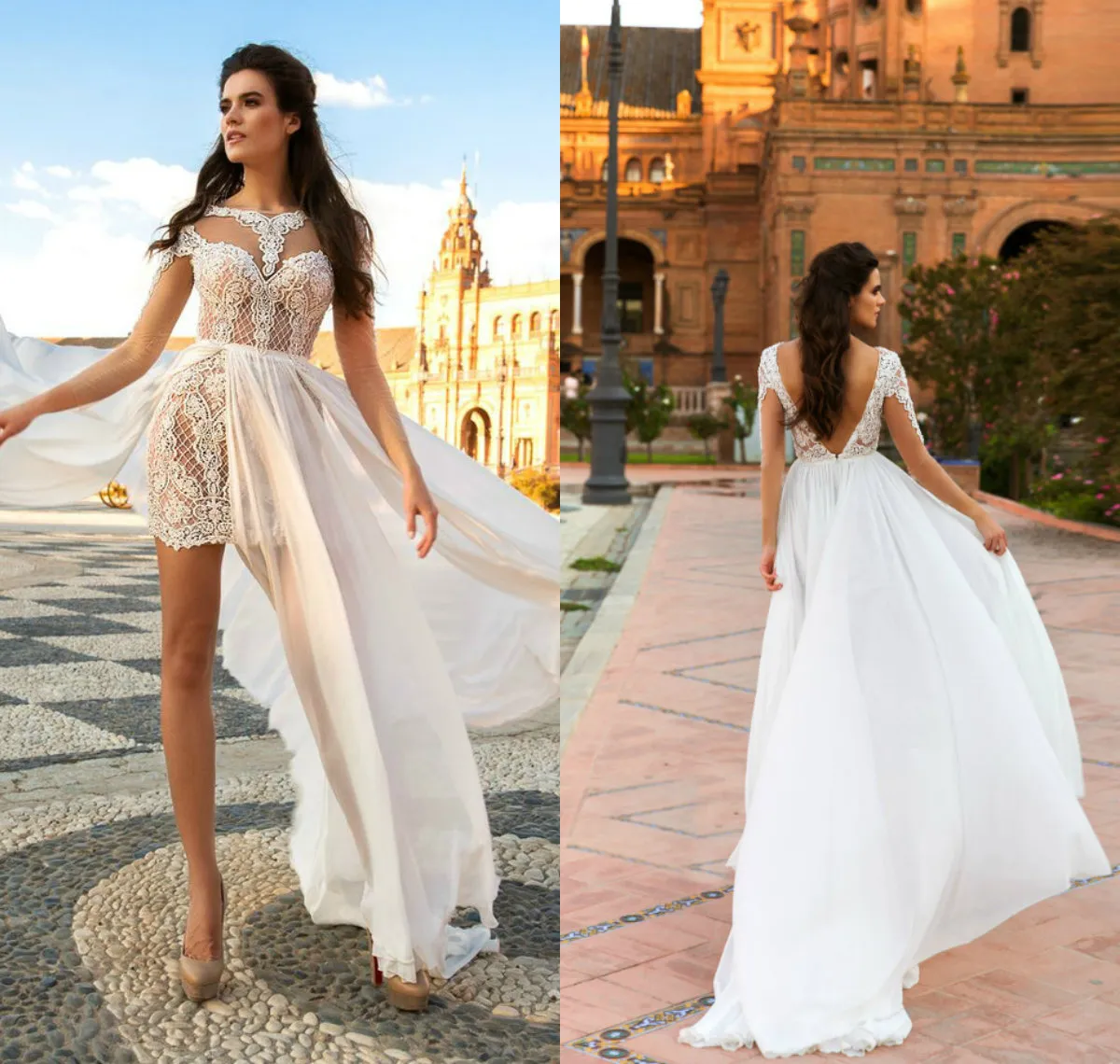 2019 Crystal Design Robes de mariée courtes avec jupe détachable Appliques en dentelle Bateau Neck Beach Robe de mariée à manches longues Robes de mariée