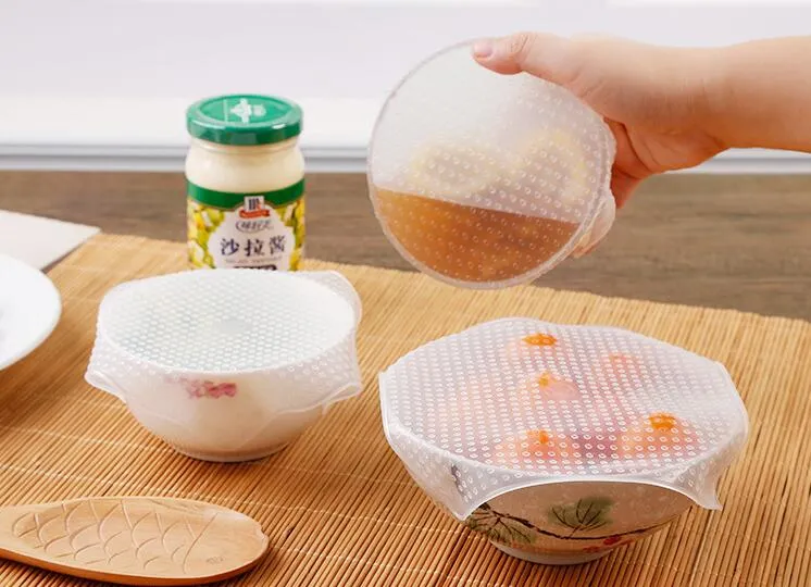 Hot Sell 4pcs / Set Food Silicone Stretch Lid Reusable Silicone Cling Film Bowl Cover och Wraps Seal Vakuum Cover Lid Kök verktyg