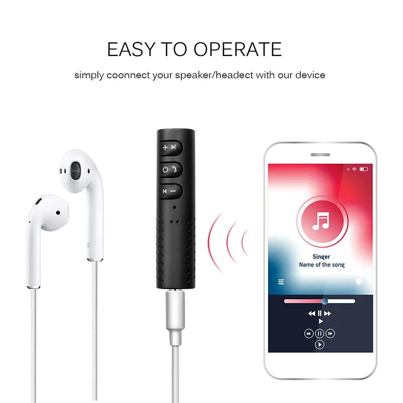 Bil Bluetooth Kit 4.1 Audio Receiver Adapter med MIC Handsfree Ringande hörlurshögtalare 3,5 mm AUX Musik för Smart Phone MP3 Tablet