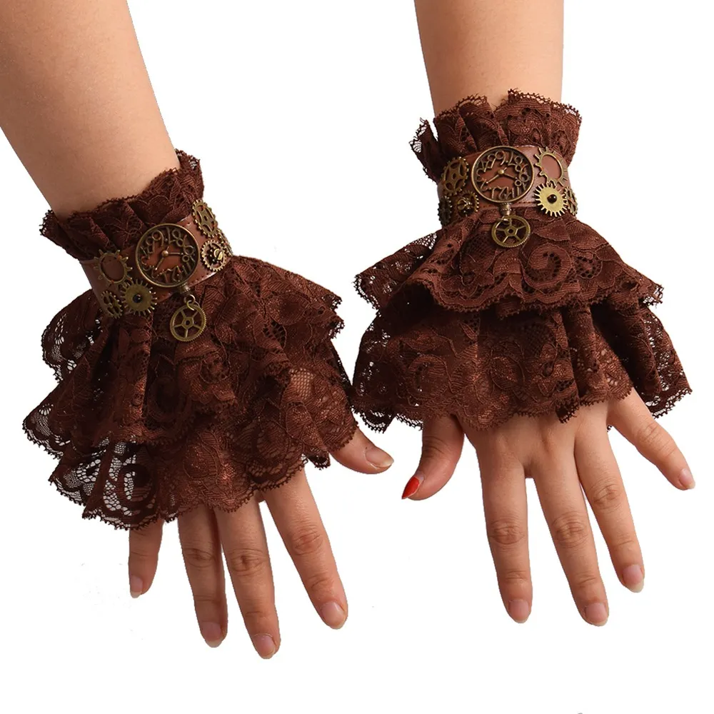 1 par feminino steampunk engrenagem de renda marrom punho de punho vintage de pulseira de partido de cosplay acessório de alta qualidade