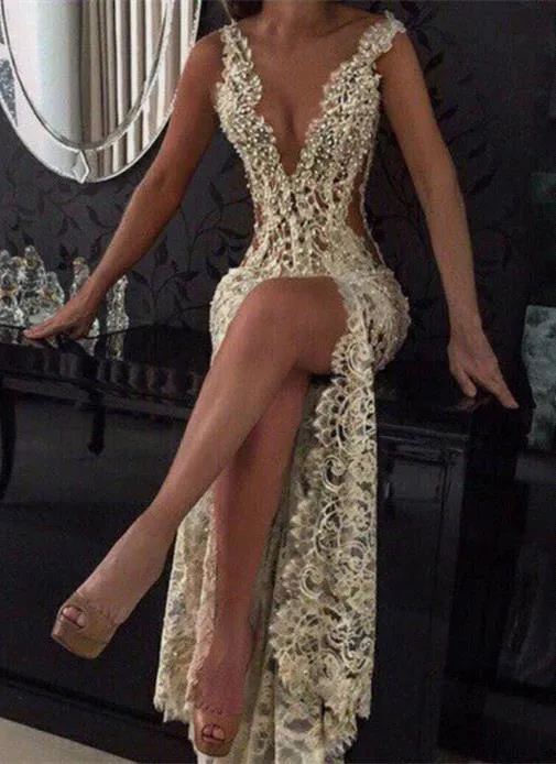 2020 Champagne Sexy Plunging V Neck Tight -High Split Prom Dresses Full Lace Side Cutaway Backless Evening Dresses With Beading BA2786