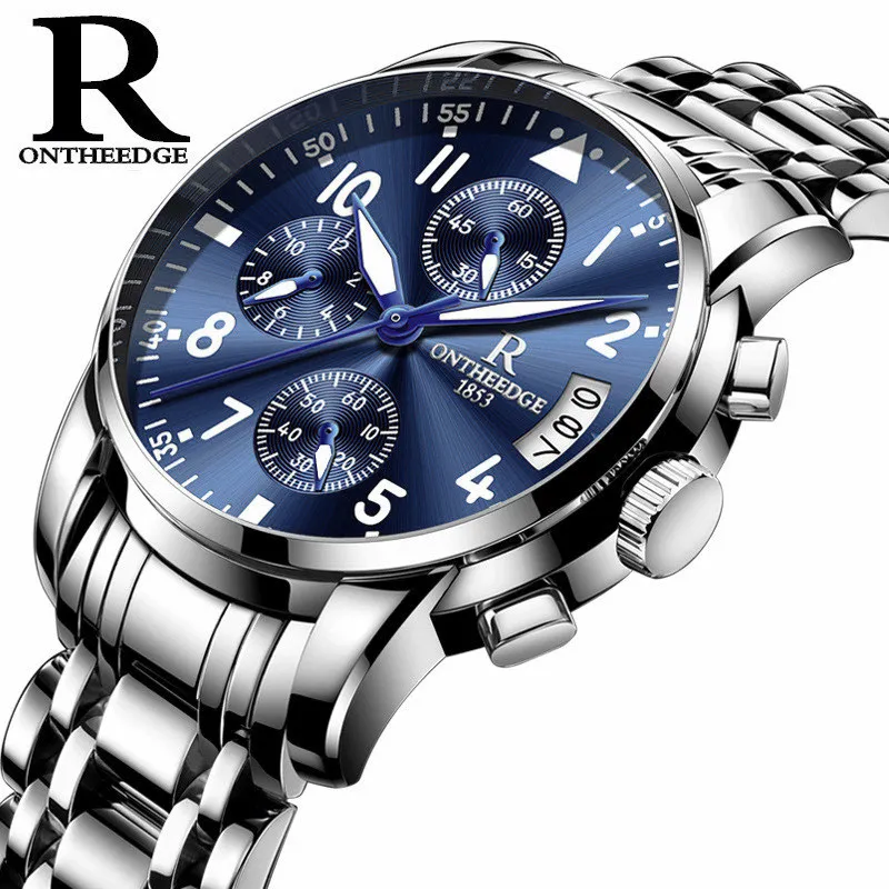 Relógios de aço marca dos homens ONTHEEDGE de pulso de quartzo ponteiros luminosos Relógios Men Masculino impermeável Sport Watch Relogio Masculino