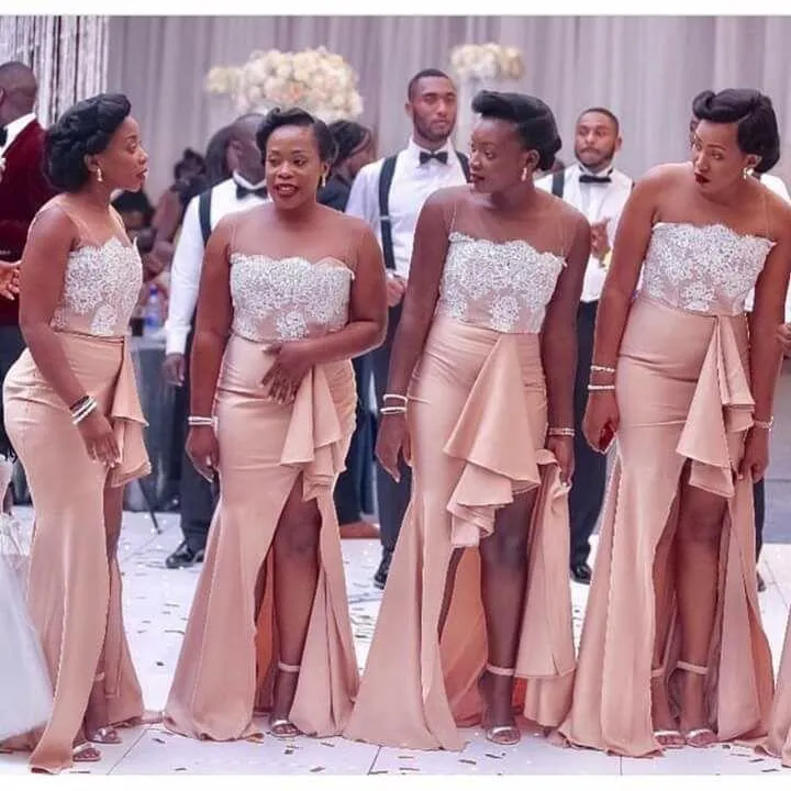 Peachy Mermaid Prom Gowns Side Split Bridesmaid Dresses