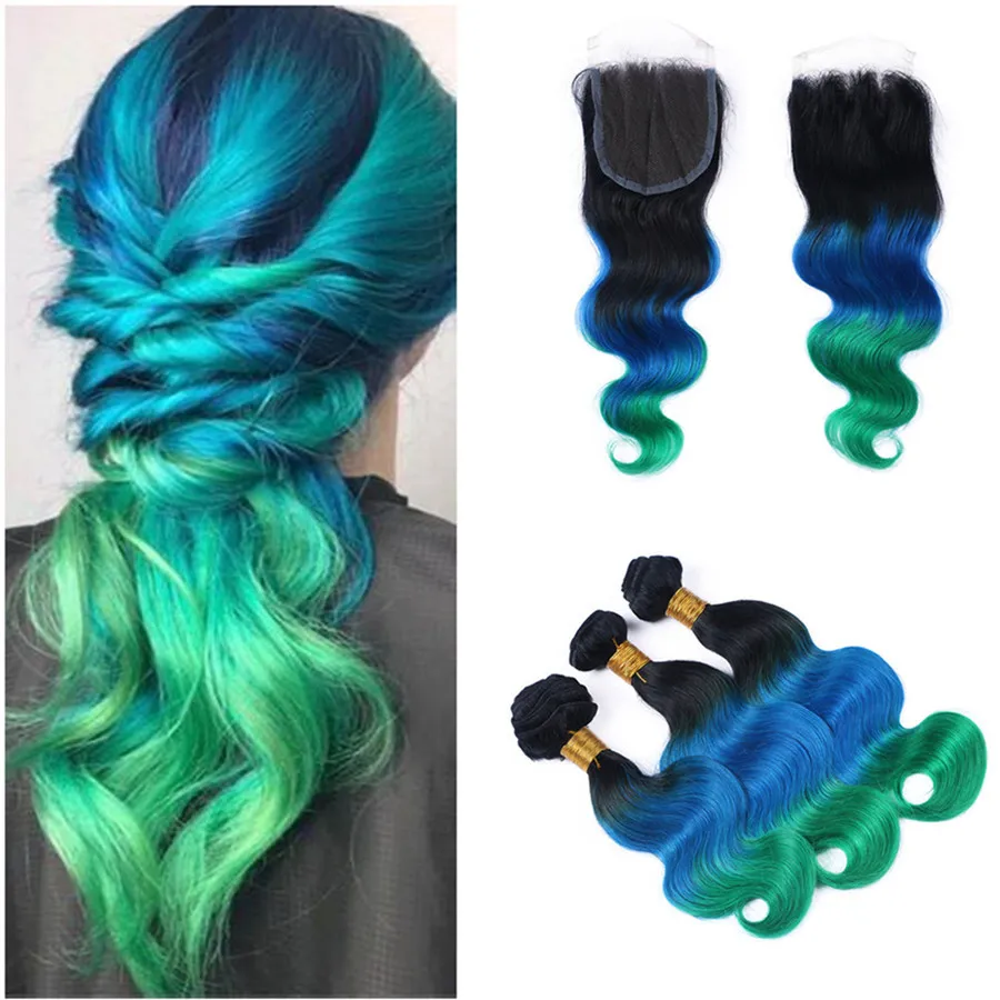 Tissage de Cheveux Humains Ombre Bule Trois Tons Bleu Vert Couleur Cheveux Ombre Vague de Corps Vierge Bundles de Cheveux Brésiliens Avec Fermeture à Lacet Expédition Rapide