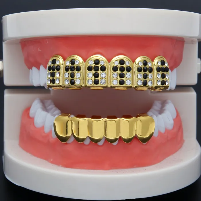 Accessori per feste cosplay hiphop CZ Crystal Bio Rame Oro Denti Grillz Caps Top & Bottom con ciondolo croce nera rossa_voghion.com
