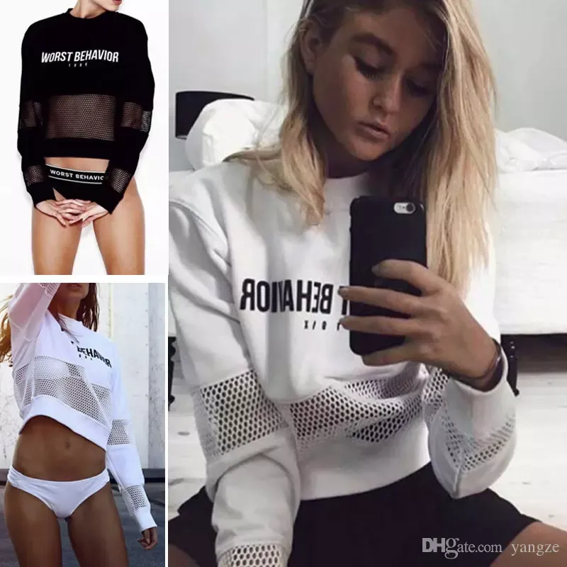 2017 Negro Blanco Sexy Ladies Malla Blusa Chic Peor Comportamiento Letras Camisas de Impresión de Manga Larga de La Manera Mujeres Sueltas Tops CK11113