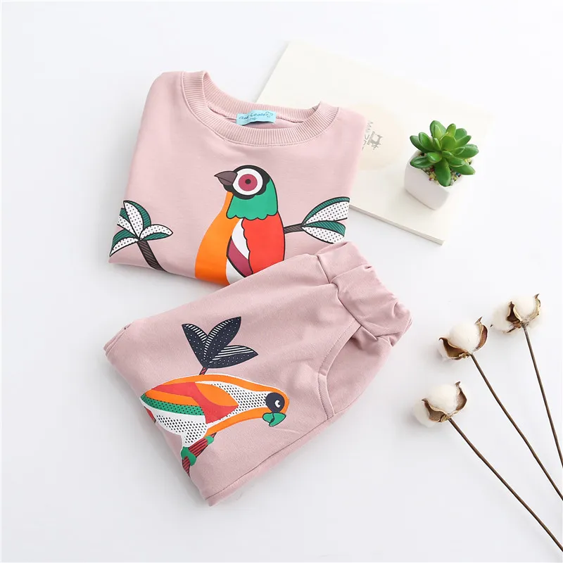 2018 Frühling Herbst Kinder Kleidung Sets Baby Kleidung Baumwolle Vögel Druck Sweatshirts Hosen Hosen Koreanische Mädchen Casual Trainingsanzüge