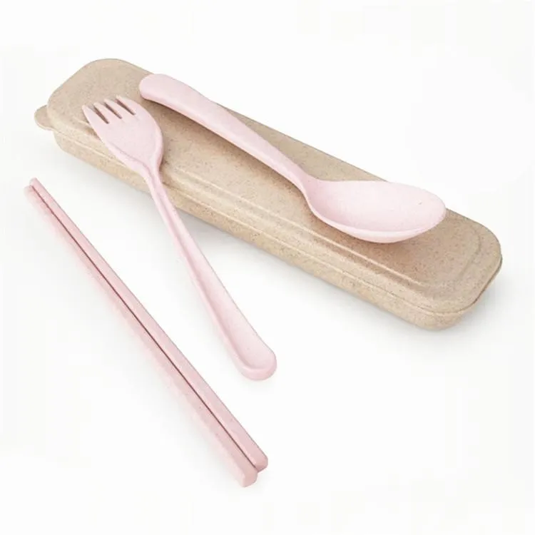 New Design Portable Wheat Straw Spoon Fork Chopsticks Set Tableware Eco-friendly Reusable Wheat Straw Travel Camping Cutlery Set