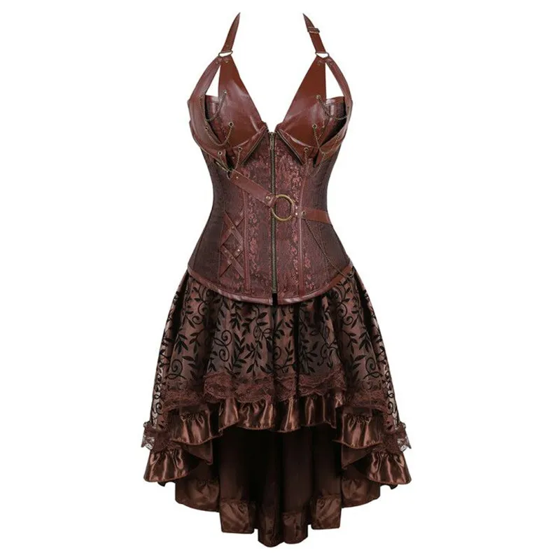 steampunk bustier corset robe grande taille noir marron fermeture éclair noir faux cuir corset avec jupe gothique punk burlesque pirate