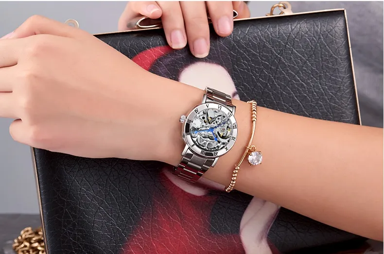 Ik 2019 nova moda automática mecânica relógio feminino esqueleto oco aço completo ol senhora relógio feminino montre femme orologio donna3105