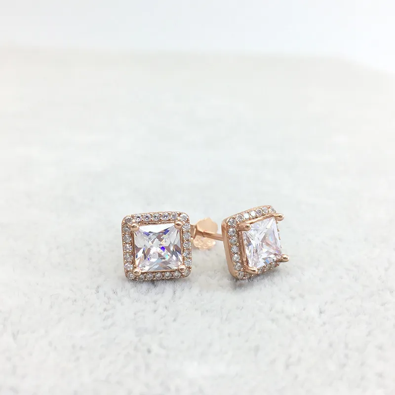 925 Sterling Silver Square Big CZ Diamond Earring Fit Pandora Jewelry Gold Rose Gold Plated Stud Earring Women Earrings