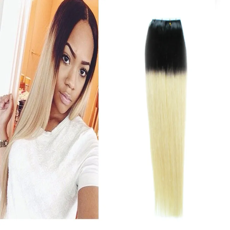 Cheveux Brésiliens Ombre Peau Trame Bande Extensions de Cheveux Cheveux Brésiliens Vierges Non Transformés 100g (40pcs) Raides T1B / 613 Bleach Blonde