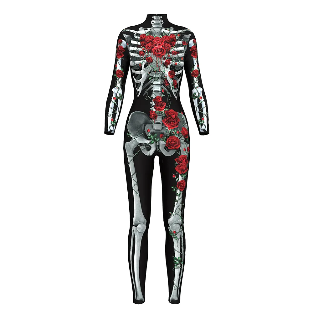 Neue Frauen Schwarz Halloween Cosply Plus Größe Jumpsuits Floral Skelett Blau Sexy Fitness Bodys 2 Muster