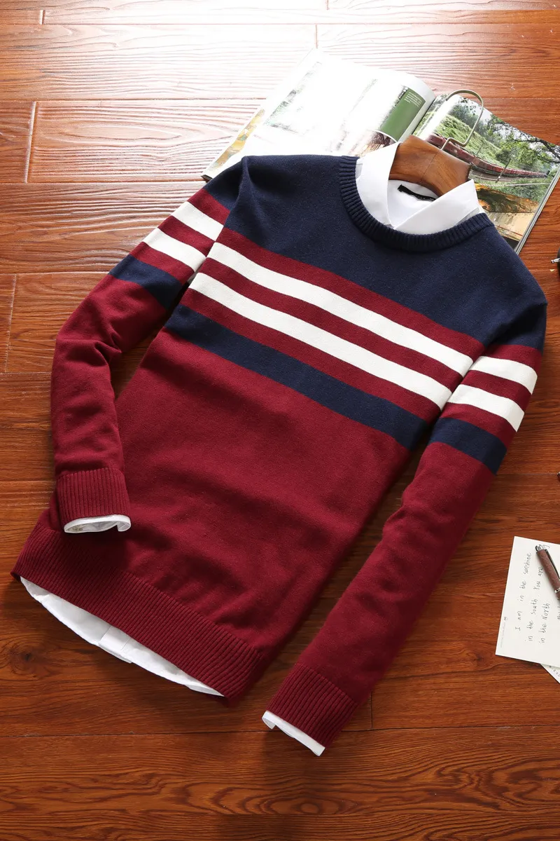 가을 2018 새로운 남성용 니트웨어 청소년 스트라이프 라운드 칼라가 스웨터를 뜨개질하는 도덕성 레저