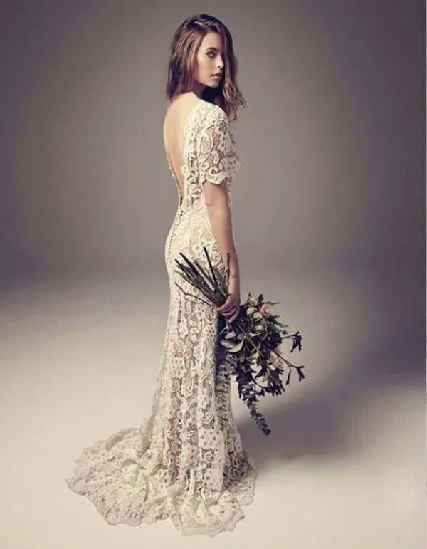 Vintage Bohemian Wedding Dresses Sheath Backless Full Lace Boho