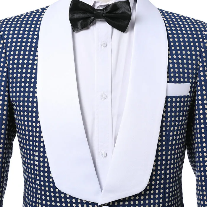 Custom Made 2018 Design Classique Slim Fit Bleu Blanc Points Châle Revers Hommes Dîner De Bal Costumes Marié Tuxedos Garçons D'honneur Costumes De Mariage