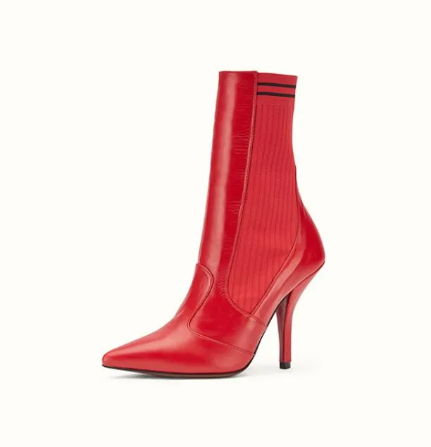 2018 nuevas botas de cuero rojo para mujer, botines de calcetín para mujer, zapatos de fiesta para mujer, botas de vestir de tacón fino, botas de punta estrecha para mujer