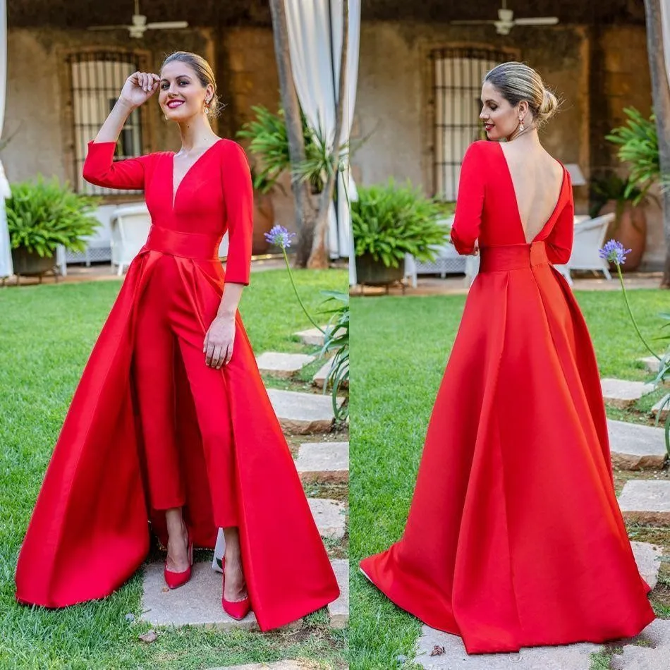 2019 élégantes nouvelles combinaisons rouges robes de bal 3/4 manches longues col en V robe de soirée formelle robes de soirée pas cher occasion spéciale pantalon