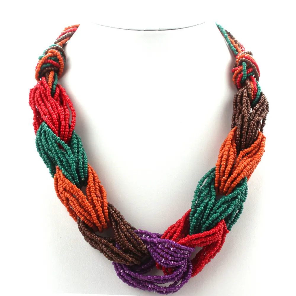 Handmade Woven Small Beads Strand Colorful Bohemian Necklace Women Fashion Choker Multi Layer Necklaces Vintage Jewelry