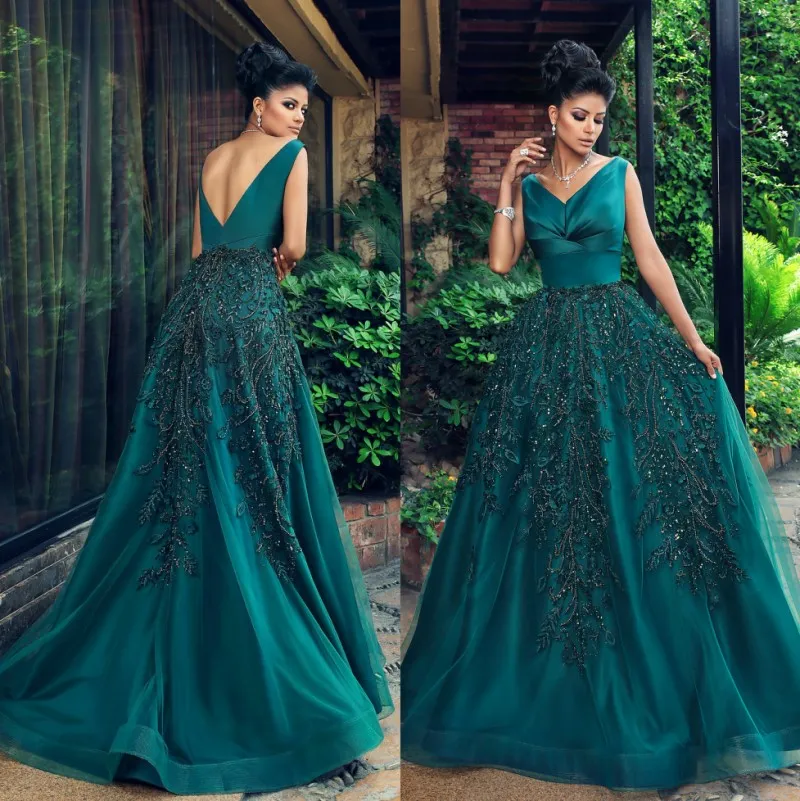 Emerald backless avondjurken v-hals geappliceerd prom-jurken vestidos de fiesta een lijnvloer lengte tule formele jurk