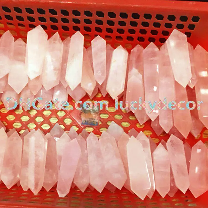 6 Facet Dubbel beëindigd Sacred Point Echte natuurlijke pure rooskwarts Haling Crystal edelsteen prisma Wand 6080mm Reiki Stones 8380588