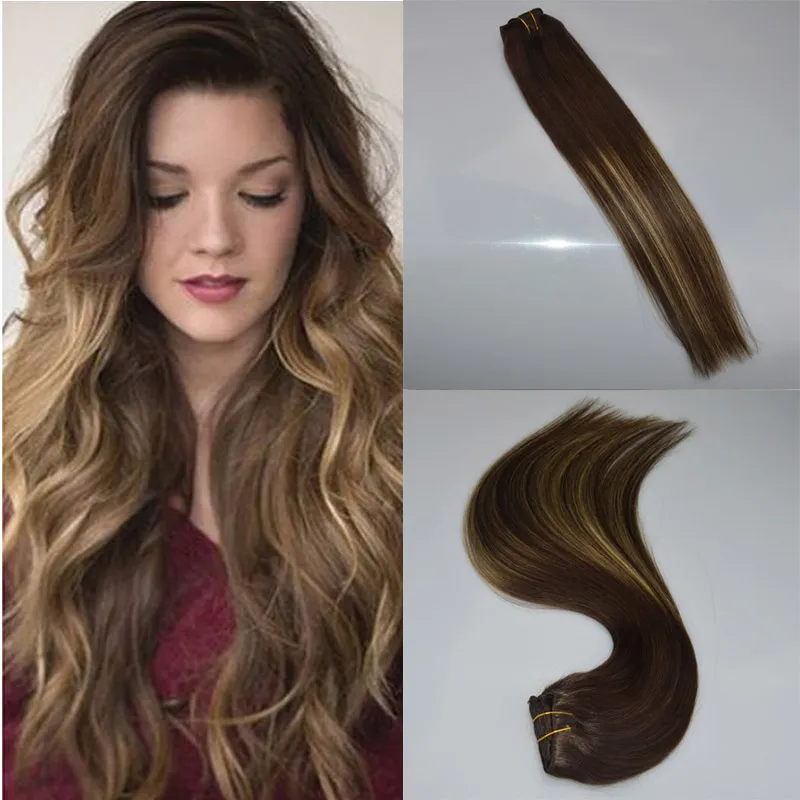 Ombre färg # 3 bleknar till # 24 14 "-24" 7pcs 120g Balayage Highlights Full Head Real Human Hair Clip i Extensions