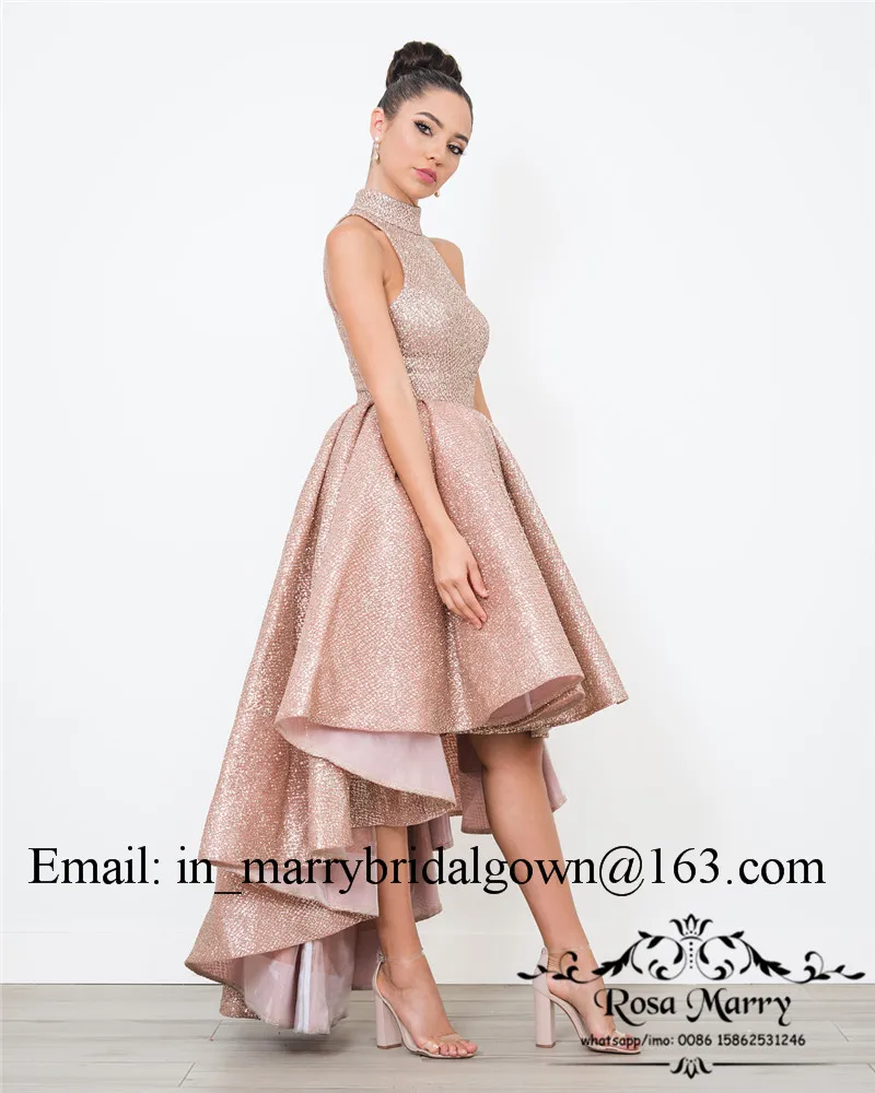 ローズゴールドスパンコールアラビアショートウエディングドレス2020ハイネックプラスサイズの高い低安価なアフリカの女の子フォーマルページェントイブニングパーティーガウン