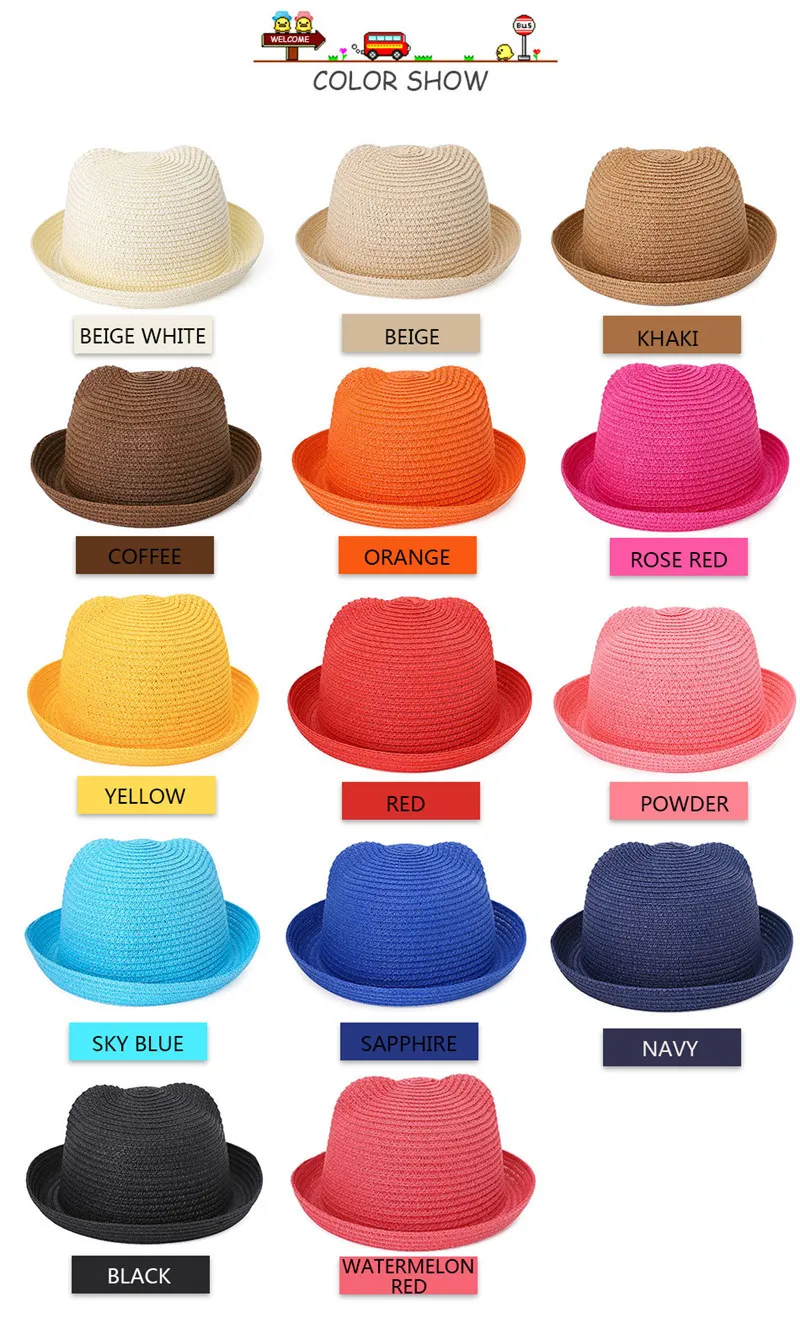 Соломенные шляпы дети характер уха украшения летняя шапка ребенок Солнце шляпа для девочек мальчиков ведро Крышка для детей шляпа пляж Панама шапки TO599