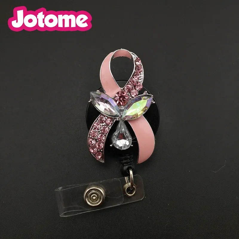 5pcs Breast Cancer Awareness Key Rings Pink Enamel Ribbon Nurse Retractable Badge Reel ID Holder Clip School Office