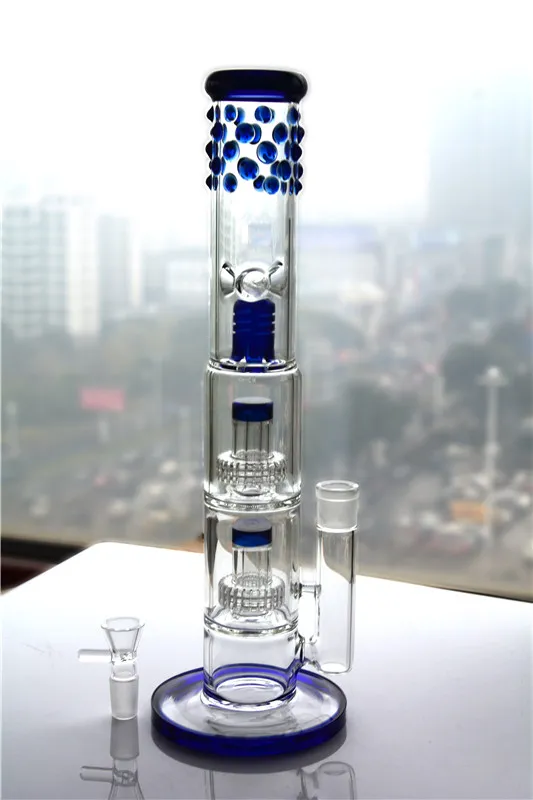 Blue Bong Solid Base Glass Bongs With Birdcage Perc Bubblers Water Pipe Straight Tube Bong 18mm Joint