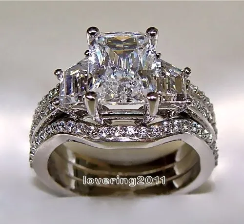 choucong Ensemble de bagues de fiançailles 3 en 1 avec diamants taille princesse 5 carats et or blanc 10 carats, taille 5-11, cadeau