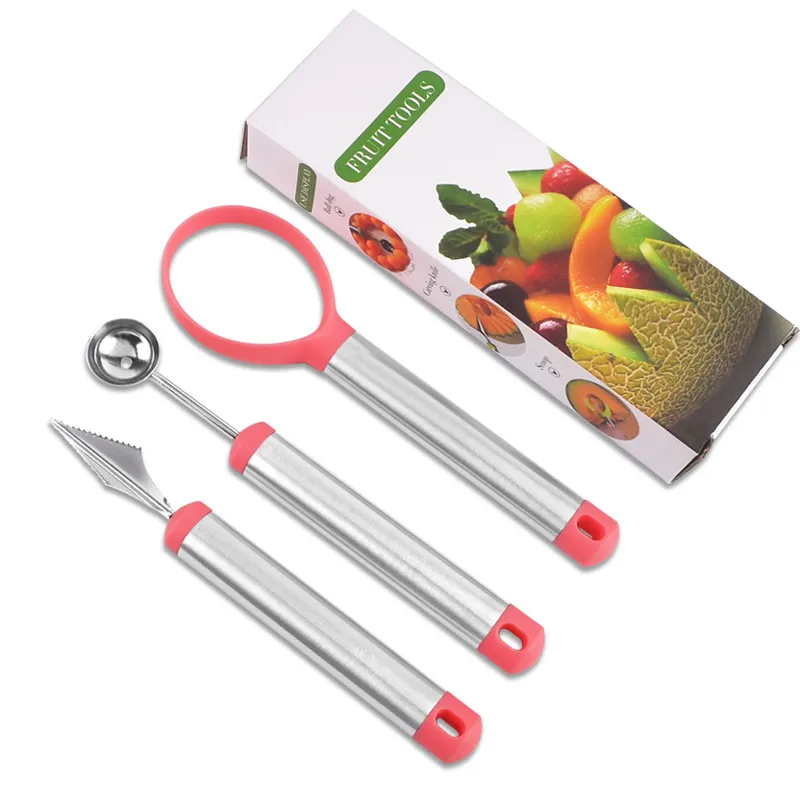 Roestvrij staal Watermeloen Slicer Cutter Set Fruit Carving Gereedschap Mes Meloen Baller Scoop voor Ice Cream Plantaardige Cantaloupe Multifunctionele Slicer