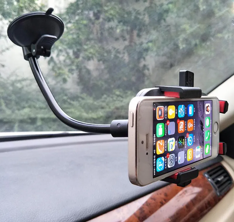 Universal Car Mount Windshield Titular 360 Graus de Rotação Longo Mangueira Otário Bloqueio Automático de Telefone Celular GPS Titulares Suporte Stands