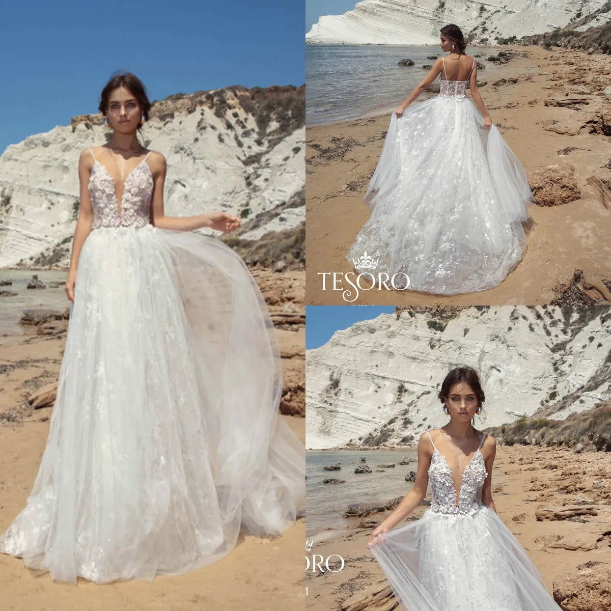 2019 Robes De Mariée De Plage Spaghetti Dentelle 3D Floral Appliqued Balayage Train Custom Made Flowing Robes De Mariée Boho Bohème Robe De Mariée