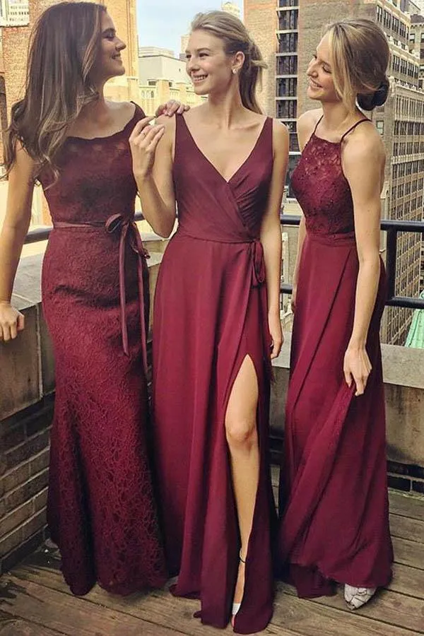 Cheap Burgundy bridesmaid same color different style dresses country V Neck Scoop Lace Chiffon Prom Party Gowns maid of honor For Wedding