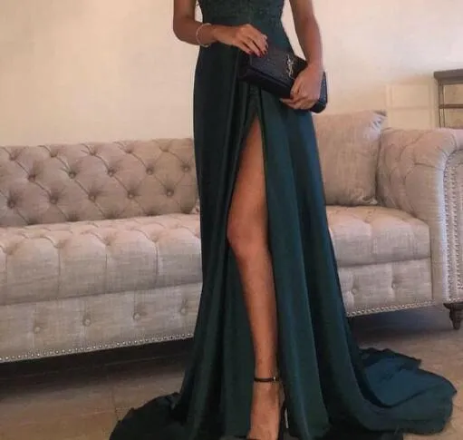 Dresses Evening Gowns A-Line Hunter Green Chiffon High Split Cutout Side Slit Lace Top Sexy Off Shoulder Hot Formal Party