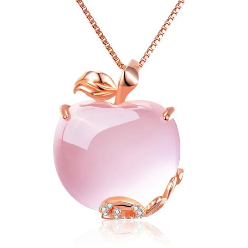 Collier ras du cou avec pendentif en forme de pomme, Quartz Rose, cristal CZ, opale Rose, cadeau mignon pour femmes et filles