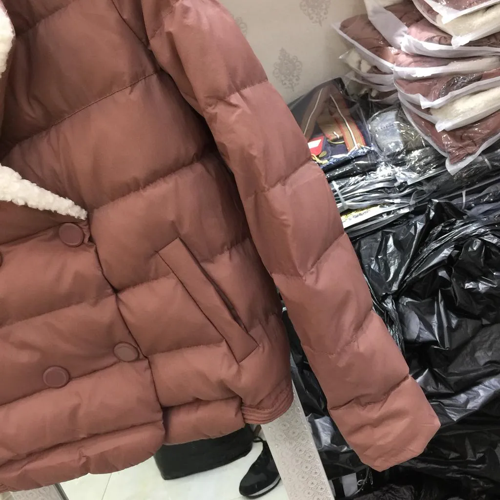 Nova jaqueta de algodão-acolchoado feminino de inverno duplo Brasted Turn Down Collar Outwear Lady jaquetas curtas casacos rosa escuro