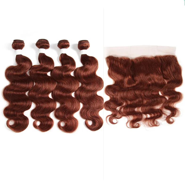 Kopparröd Peruvian Human Hair Bundle behandlar med full front kroppsvåg # 33 Mörk Auburn 13x4 Lace Frontal Closure med väv