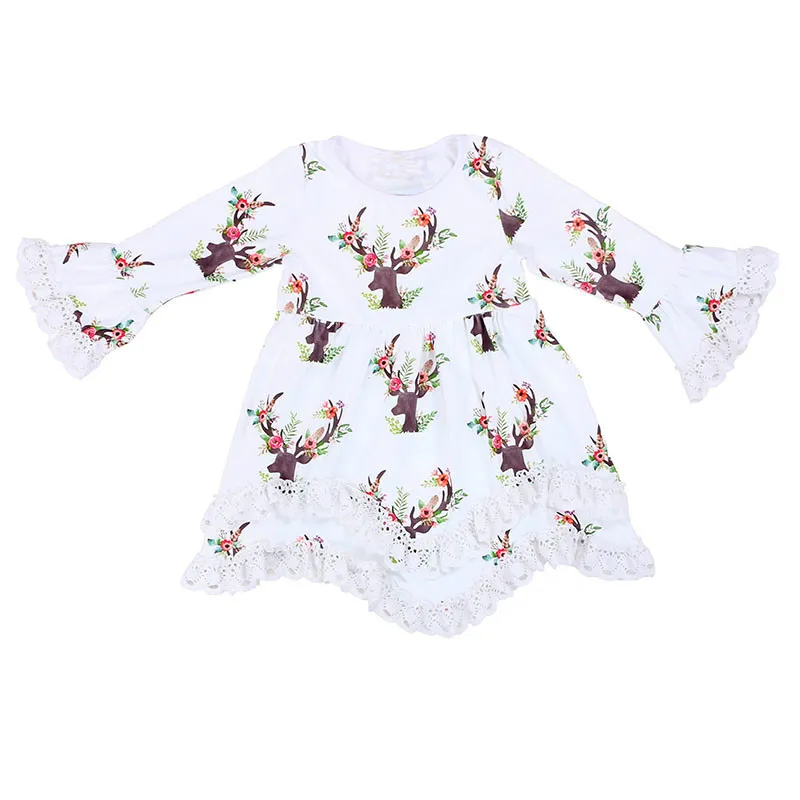 Christmas Girls Dress Kids Long Sleeve Reindeer Floral Printed Ruffle Sleeves Dresses Toddler Children Lace Clothing