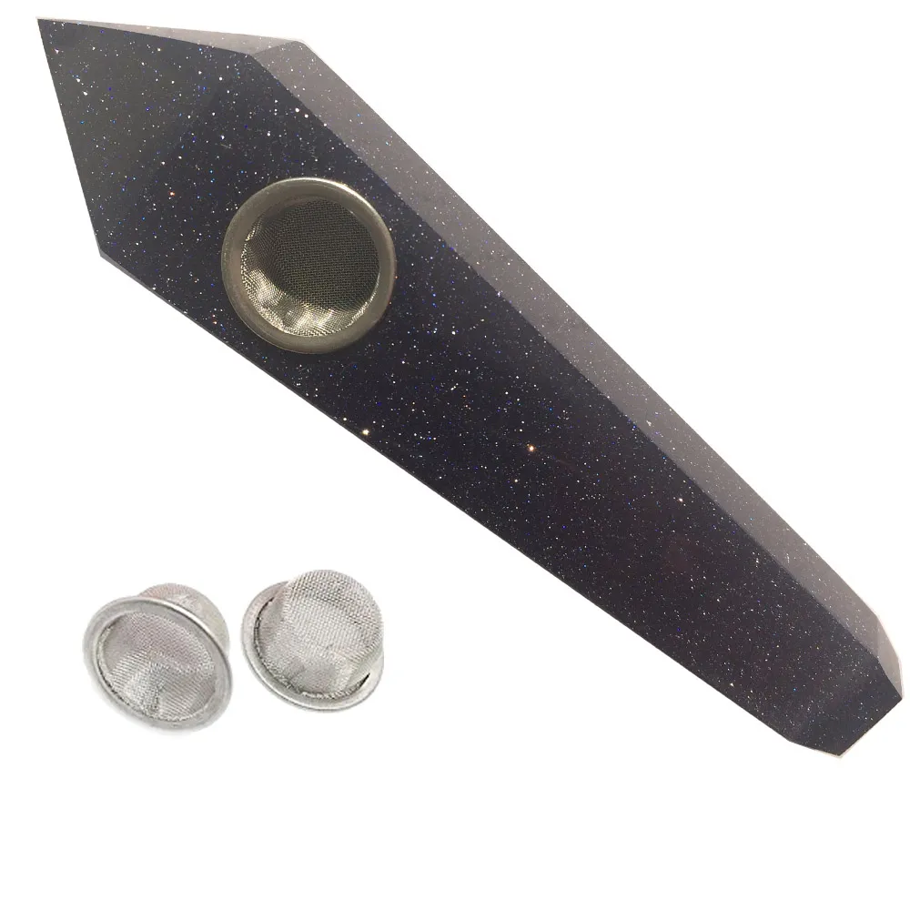 Dingsheng Natural Blue Goldstone Quartz Rökning Pipe Crystal Stone Wand Point Cigars Rör med 3 metallfilter för hälsa Rökning