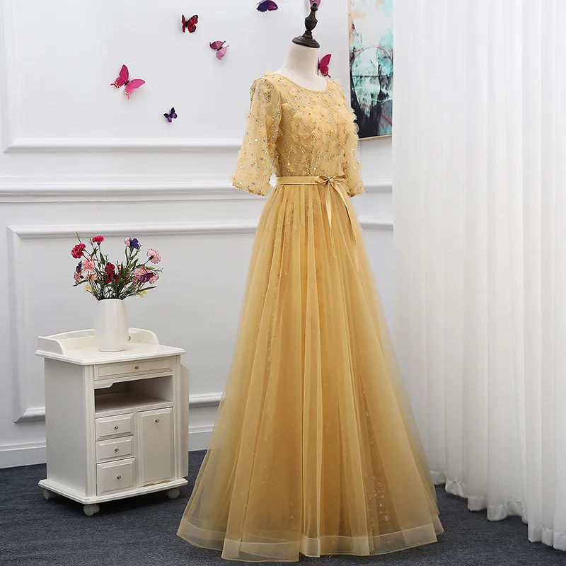 Illusion Gold Evening Dresses 3/4 Sleeve는 Applique Sequins Beads Long Prom Dress가있는 Tulle을 주름지게합니다.