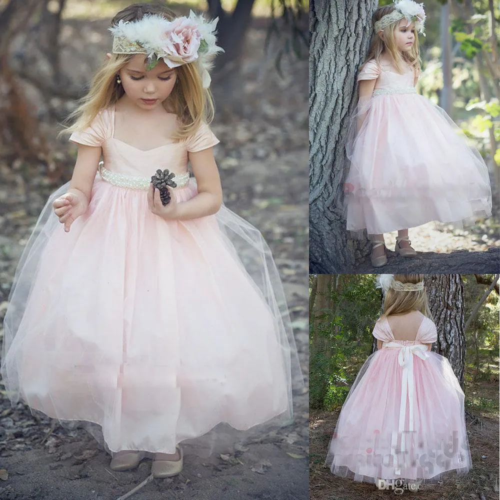 2018 Lovely Blush Pink Flower Girls Dresses For Toddler Tulle Bow Sash