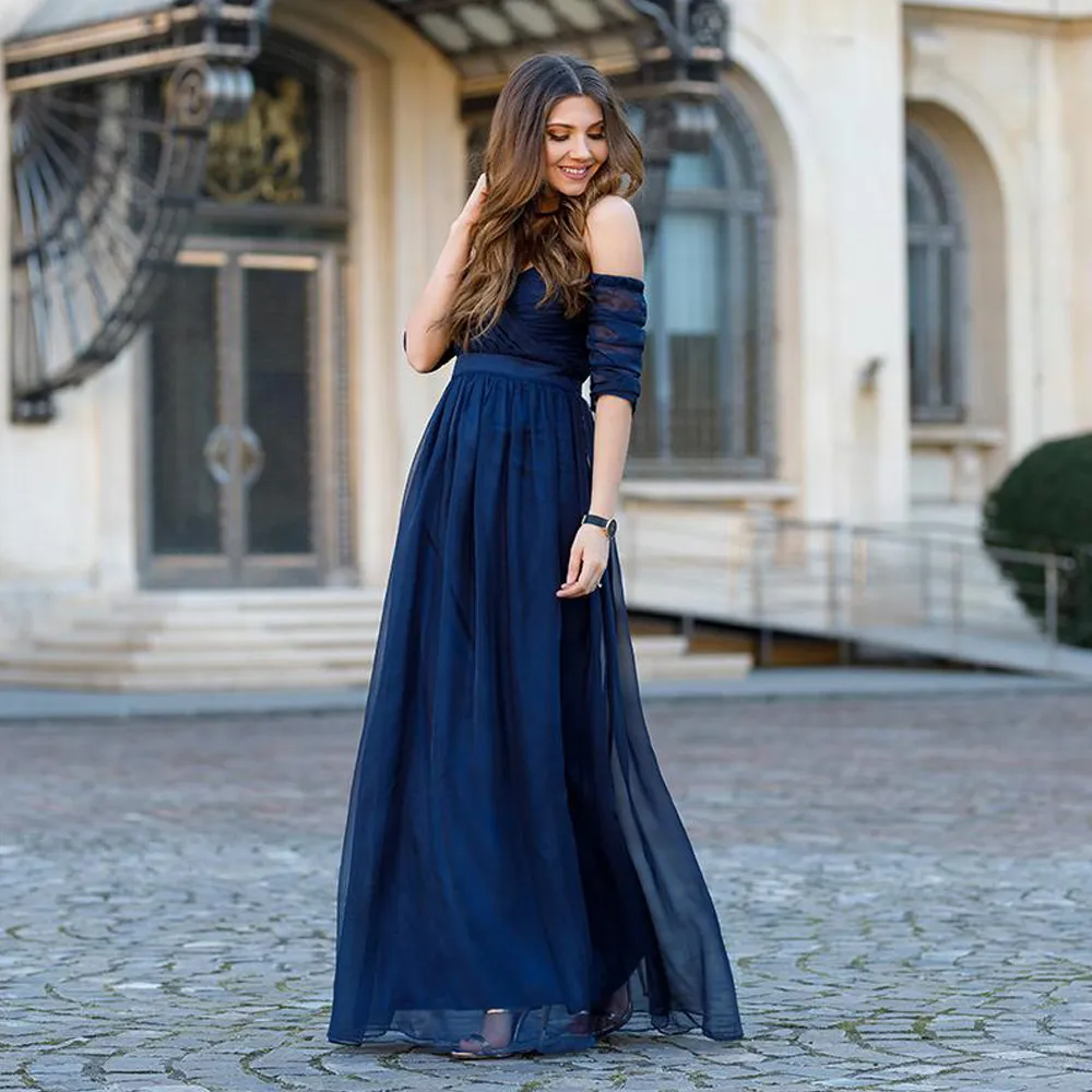 Bleu marine une ligne en mousseline de soie demoiselles d'honneur robes col en V hors de l'épaule mariage invité robe avec manches pli spécial femmes Oc225B