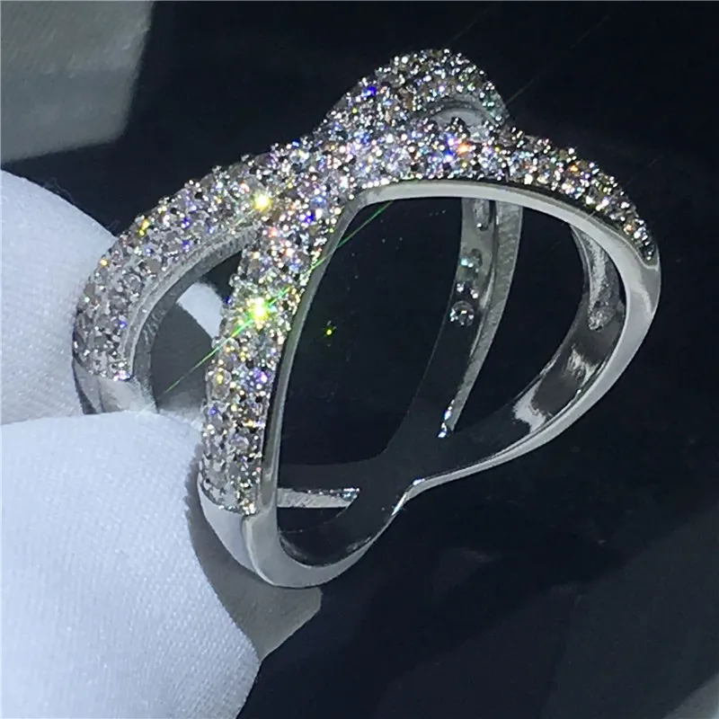 Mode Cross Ring Zilver Kleur Pave Setting Diamond CZ Steen Grote Engagement Bruiloft Band Ring voor Vrouwen Bruids Mode-sieraden