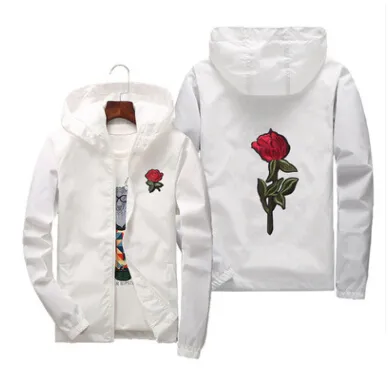 Red Rose Printed Casual Jackets Men Women Hooded Windbreaker Male Female Solid Color Embroidery Coats Asian Size S-7XL