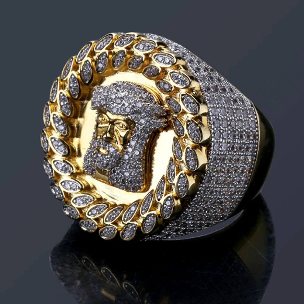 Luxury Men Gold Tone Hip Hop Jesus Face Ring Micro Pave Cubic Zirconia Simulerade Diamanter Ringar Storlek7-12 Bling Bling Smycken