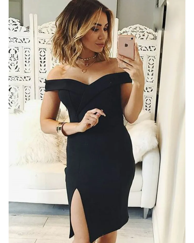 Sexy Black Cocktail Dresses Little Party Dresses Satin Off Shoulder Zipper Back Side Zipper Cheap Big Sale Party Gowns Cheap