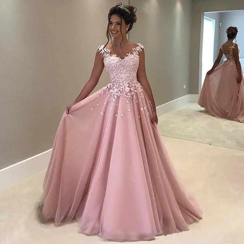 Cheap Pink Tulle Prom Dresses Long Lace Appliqued Plus Size Formal Dress Evening Wear Sexy V Neck Party Dress