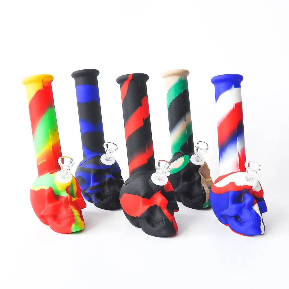 Cachimbas de tubo de agua de silicona con forma de calavera de 8,7 pulgadas de alto Bong de silicona multicolor con vástago inferior de silicona y recipiente de vidrio